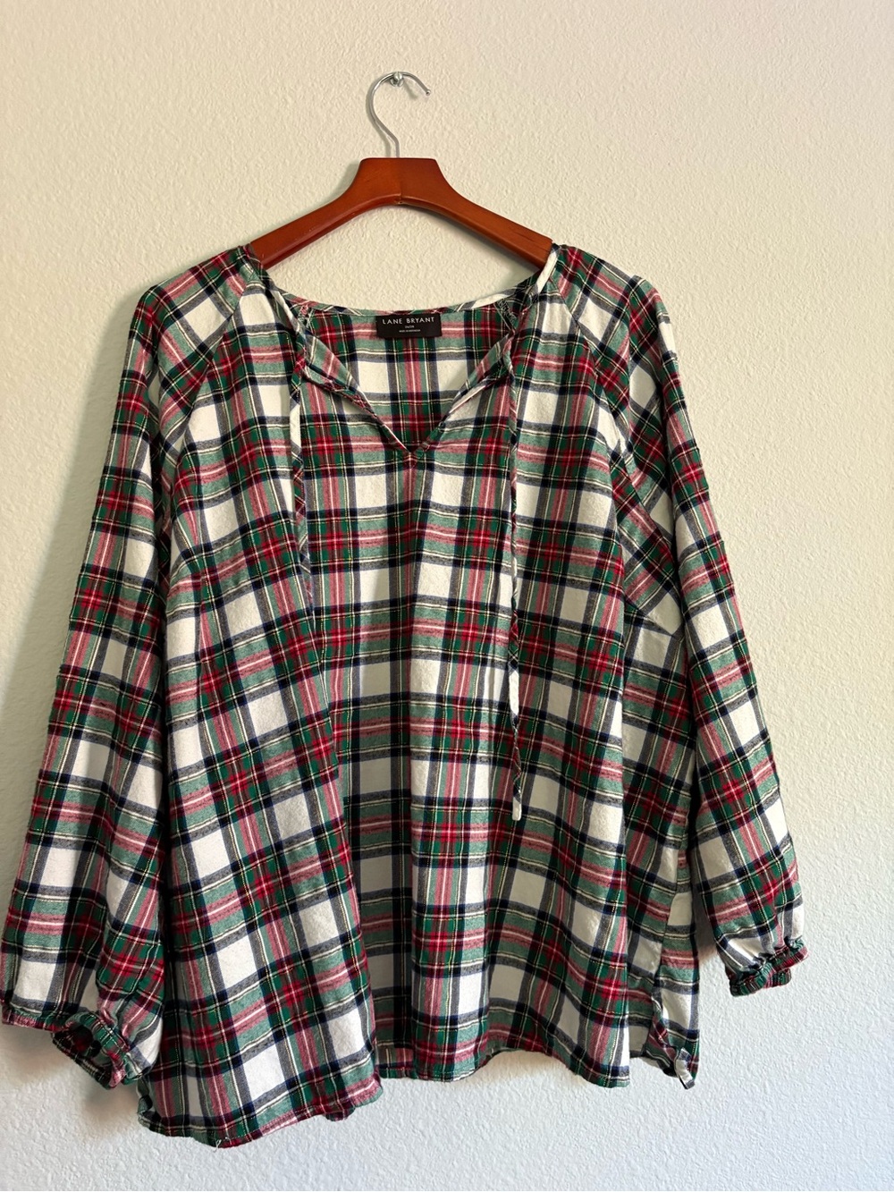 Lane Bryant White Plaid Peasant Tunic with Red & Green Lightweight Flannel